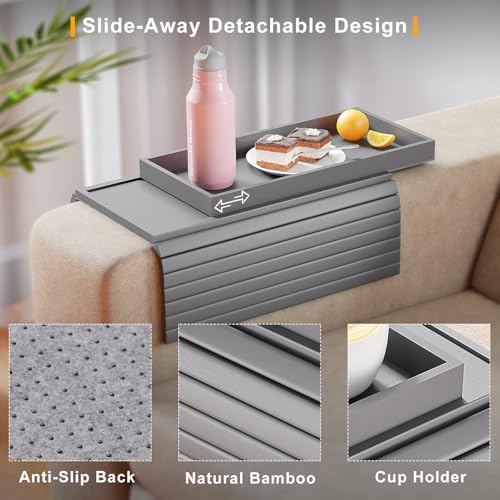 Bestjing 2 in 1 Bamboo Sofa Armrest Tray Table for Couch