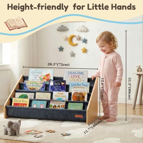 PERFNIQUE Montessori Kids Bookshelf, Wooden Front-Facing Baby Bookcase Organizer for Toddlers, 4-Tier Sling Decorative Book Rack with Deep Pockets for Kid Rooms, Nursery, Playroom & Reading Corner