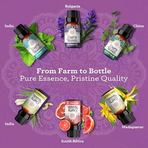 GuruNanda Essential Oils Set – 6 Pack (10mL Each), Lavender, Peppermint, Eucalyptus, Lemongrass, Grapefruit & Ylang Ylang, 100% Natural Aromatherapy Oils for Diffuser, Massage & DIY Candle Making
