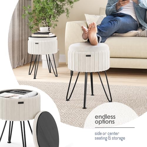 Round Ottoman with Storage, Pleated Velvet Storage Ottoman, Foot Stool Ottomans, Makeup Vanity Stool, Small Ottomans Foot Rest, Modern Vanity Stools for Living Room and Bedroom, Cream