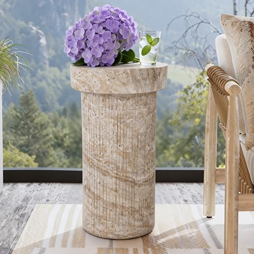 Travertine Side Table, 24 Inch Outdoor End Table, Beige