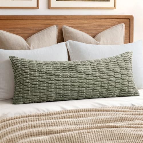 MIULEE Lumbar Corduroy Throw Pillow Cover for Bed 14x36 Light Olive Green
