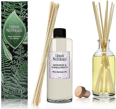 Urban Naturals Reed Diffuser Oil Refill Lavender Sandalwood with Golden Amber, Exotic Woods, Patchouli 8 oz + Free Reed Sticks, Made in the USA