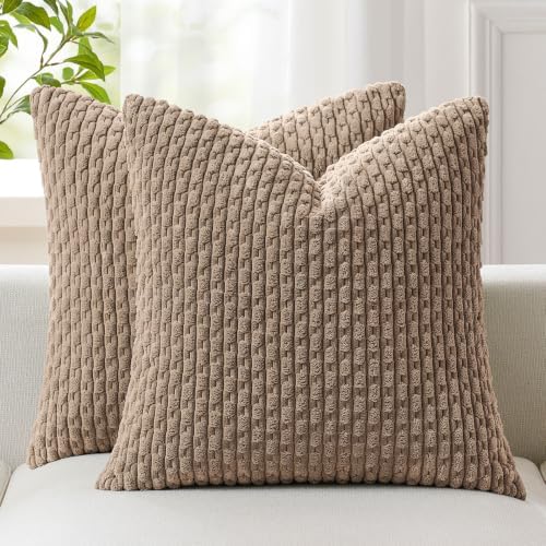 Kevin Textile Soft Corduroy 20x20 Inch Pillow Covers 2 Pack, Light Brown