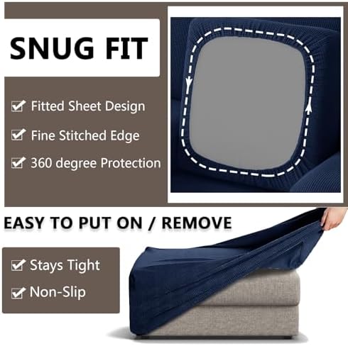 3 Piece Stretch Matching Chair and Ottoman Slipcover Set, Jacquard Arm Chair/Ottoman/Fitted Seat Covers, Non-Slip Accent Armchair and Foot Stool Slip Cover (Navy,3 Pieces Set)