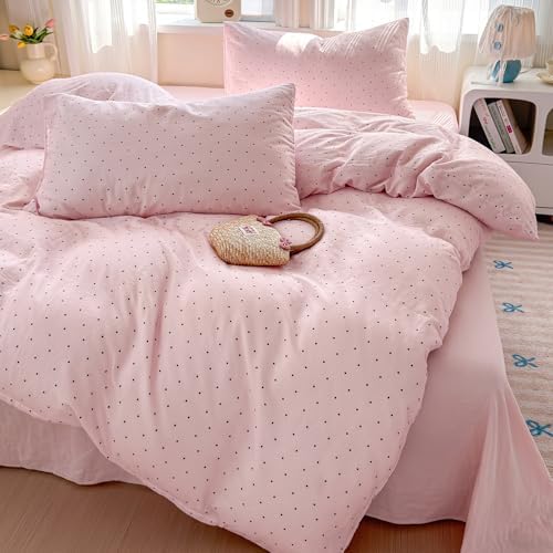 LifeTB Pink Duvet Cover Set Full Size, 100% Muslin Cotton Polka Dot Duvet Cover with 2 Pillowcases, Breathable Soft All Seasons Gauze Comforter Cover, Aesthetic Coquette Bedding Set for Girls