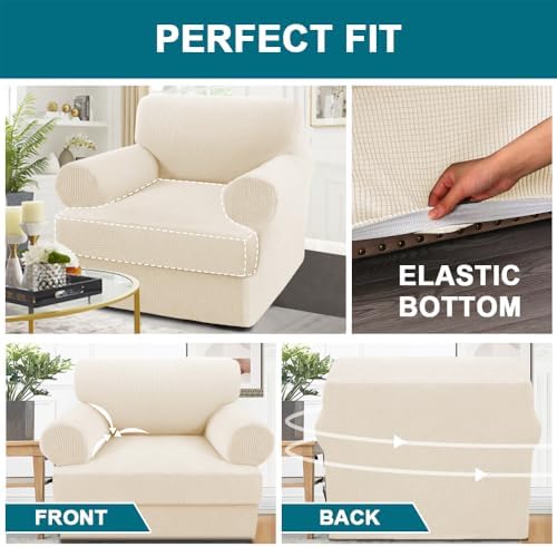 Turquoize T Cushion Chair Slipcover Armchair Slipcover for Living Room Stretch Sofa Couch Cover Soft Armchair Cover Washable Furniture Covers with Individual T Cushion Seat Covers (Chair, Cream)