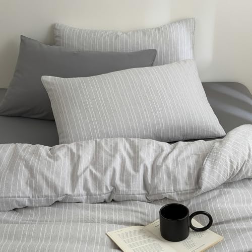 Vintage Gray Striped Duvet Cover Twin XL 3Pcs Retro Textured Bedding Set
