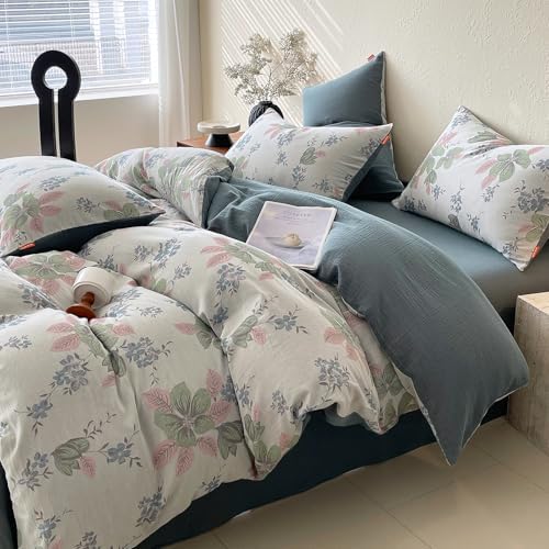 HighBuy Pink Floral Muslin Duvet Cover Set King Muslin Cotton Durable Gauze Bedding Set,Boho Chic Cottagecore Floral Bedding Comforter Cover Set - (1 Duvet Cover with 2 Pillow Shams)