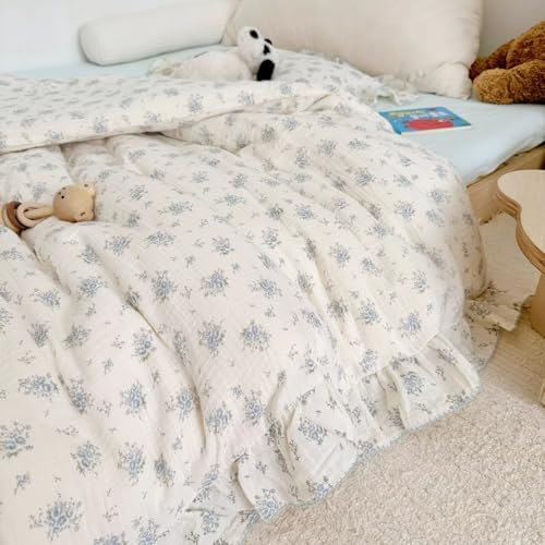 Blue Floral Toddler Duvet Cover with Ruffle, Freesia Print,No Pillow
