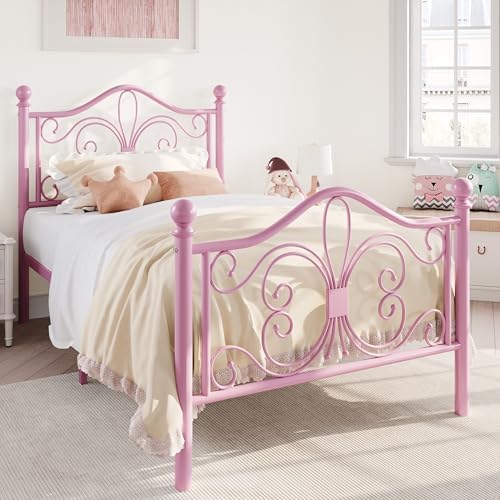 SHA CERLIN Twin Size Metal Bed Frame with Butterfly Headboard, Pink