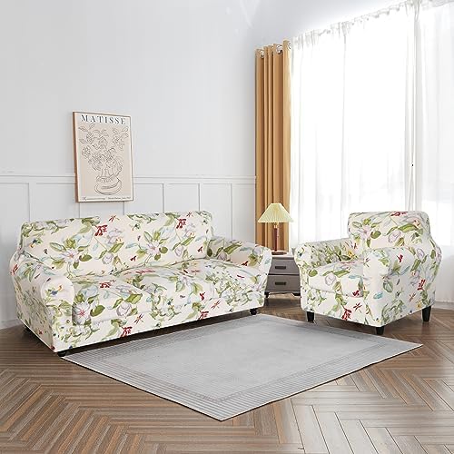 SearchI Stretch Sofa Cover Printed Couch Cover, Floral Pattern 4 Pieces Sofa Slipcover with 3 Separate Cushion Cover, Washable Furniture Protector for Living Room(Sofa, Spring Pattern)