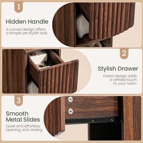 CHOEZON Narrow Fluted Nightstand, Slim Nightstand with Drawer and Open Shelves, 7.9" Skinny Side Table, Bedside Table for Small Spaces, Floating End Table for Bedroom, Living Room, Walnut MBZ18HT