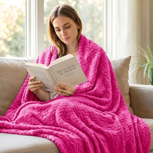 Exclusivo Mezcla Fleece Throw Blanket for Couch Sofa, 50”x70”, Hot Pink