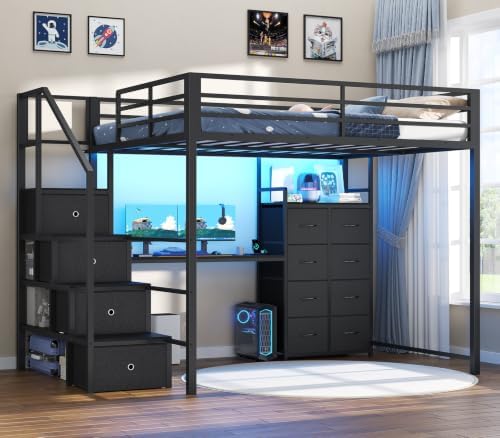 Full Size Loft Bed with Desk, Storage Stairs, LED Lights, Black