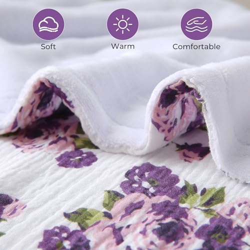 Muslin Blankets for Adults Reversible Throw Fleece & Gauze, Soft Cozy Lightweight Breathable Floral Blanket for Bed Couch, Double Layer Muslin Purple Rose Throw Cover 90"x108"
