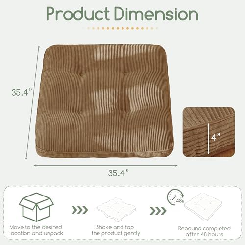 HIGOGOGO 35" Floor Pillow Cushion for Adults, Meditation Cushion Pillow, Extra Large Square Floor Sitting, Tufted Corduroy Cover for Tatami Living Room or Yoga, Coffee