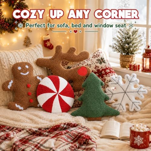 Cumule 5 Pcs Christmas Throw Pillows Cute Xmas Tree Candy Gingerbread Reindeer Snowflake Shaped Plush Pillow for Christmas Winter Holiday Party Outdoor Bedroom Cushion Decoration
