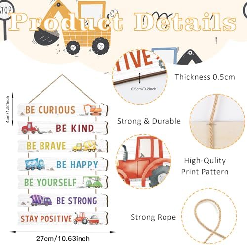 HLNIUC Construction Room Decor for Boys,Motivational Transportation Positive Quotes Hanging Plaque,Cartoon Truck Wall Art,Inspiring Classic Vehicle Hanging Sign for Kids Room Playroom Nursery Decor