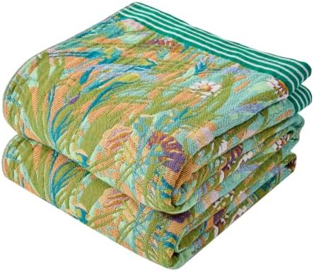 VANJOROY Boho Throw Blanket, 100% Organic Cotton Breathable Skin-Friendly Ultra Soft 60" x 80" Bed Quilt Green Leaf Throw - Floral Rustic Luxury Reversible Blanket for Sofa Couch Chair and Gift,