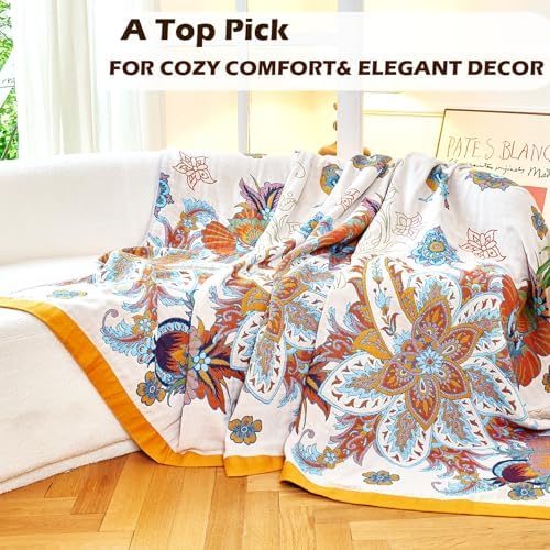 VANJOROY Boho Throw Blanket, 100% Organic Cotton Breathable Skin-Friendly Ultra Soft Bed Quilt Throw - All Season Floral Bird Farmhouse Décor Luxury Blanket for Sofa Couch Chair and Gift. 80" x 90"