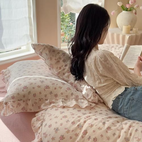 Pink Floral Muslin Duvet Cover Full with Ruffles,Tuberose,No Pillows