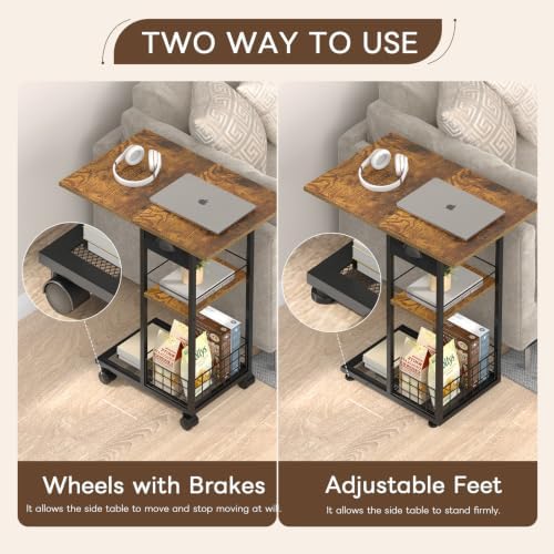 C Shaped End Table, TV Tray Table with Wheels, Drawer and Storage Basket