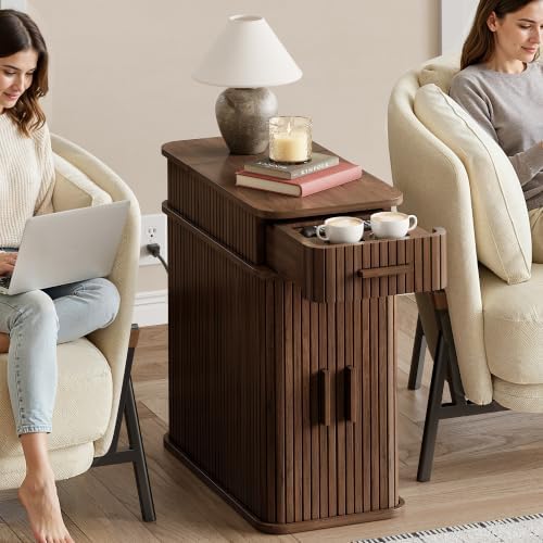 ONBRILL Fluted End Table with Charging Station, Narrow Side Table with Drawers, Wood Skinny Nightstand with Storage, Mid-Century Modern Bedside Tables for Small Space Living Room Bedroom Sofa Couch
