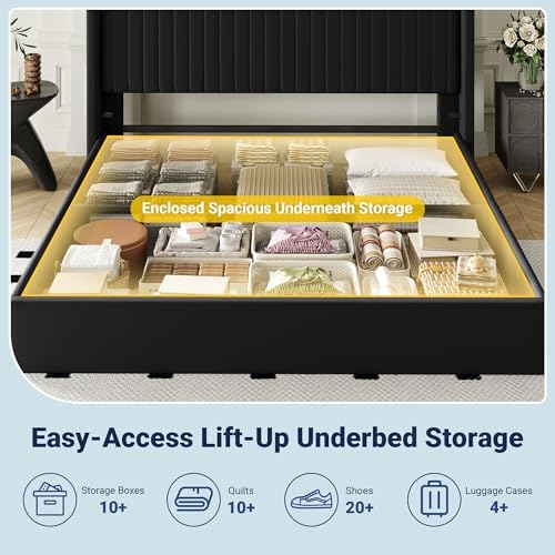 Allewie King Size Lift Up Storage Bed Frame Channel Tufted Headboard Black