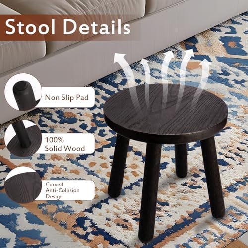 Round Solid Wooden Stool,Plant Stand,Step Stool,Black,11.8" H