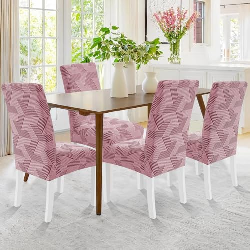 JIVINER Stretch Dining Chair Slipcovers Set of 2, Geometrical Jacquard Dining Chair Covers, Washable Kitchen Chair Covers for Dining Room, Hotel, Party, Pink