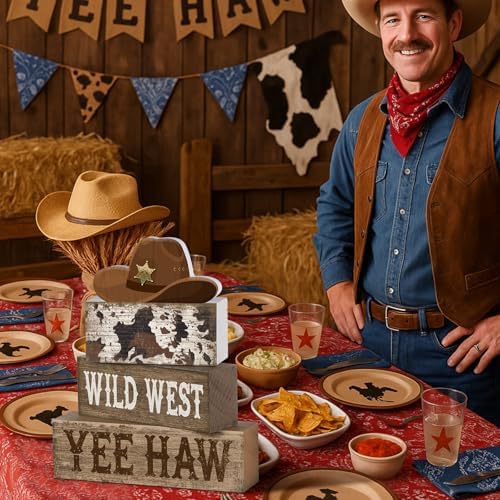 Yuntau 4 Pcs Western Cowboy Table Decor Wooden Block Signs Cowboy Hat Set