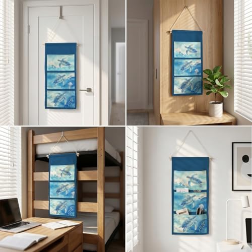IAXIC Canvas Wall Hanging Organizer with Pockets Fish Extender Hanging Pouch Watercolor Turtle Door Closet Organizers Fabric Storage Pockets Wall Decoration