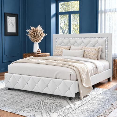 HOMBCK Full Size Bed Frame with Headboard, Diamond Tufted Design, White