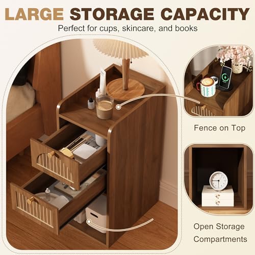9.84" Narrow Nightstand Set of 2, Fluted Slim Bedside Table with 2 Drawers, Mid Century Modern Small End Table with Gold Metal Handles, for Bedroom, Living Room & Small Spaces - Walnut