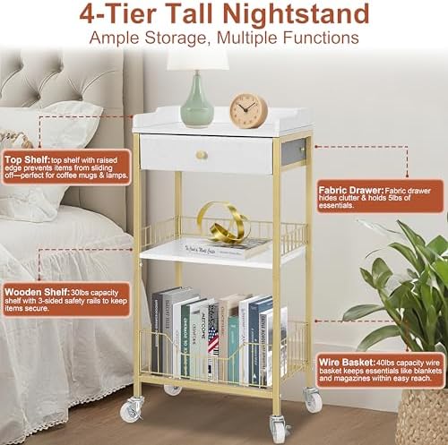 Gold Side Table, Narrow Side Table with Drawer, Gold & White