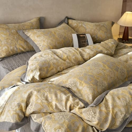 Jacquard Floral Duvet Cover Set King,Yarn-Dyed Cotton Yellow Gold Flower Duvet Cover Bordered,Vintage Garden Style Bedding Set King