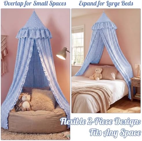 SmoothNovelty Gingham Plaid Bed Canopy, Blue White, Round