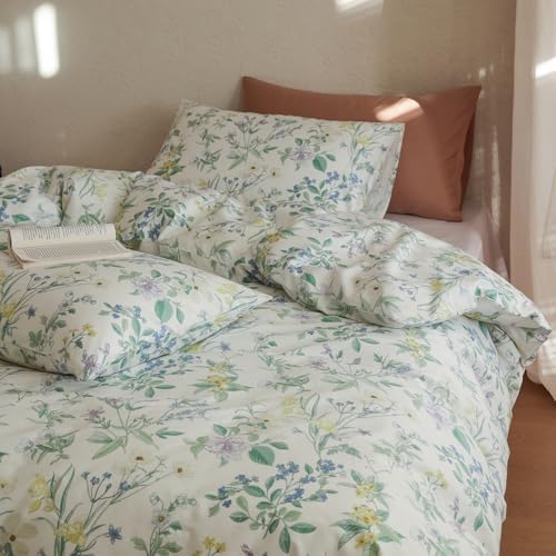 HighBuy 100% Cotton Duvet Cover Queen Size, Vintage Green and Yellow Floral Pattern Coquette Bedding Set French Country Decor,Breathable Farmhouse Bedding with Zipper Closure & 4 Corner Ties