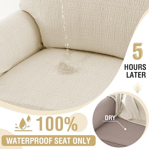 H.VERSAILTEX Jacquard Sofa Slipcover with Waterproof Seat Furniture Protector 1 Piece Stretch Sofa Covers with Elastic Bottom for Kids, Pets, Dog(Sofa L, Ivory)