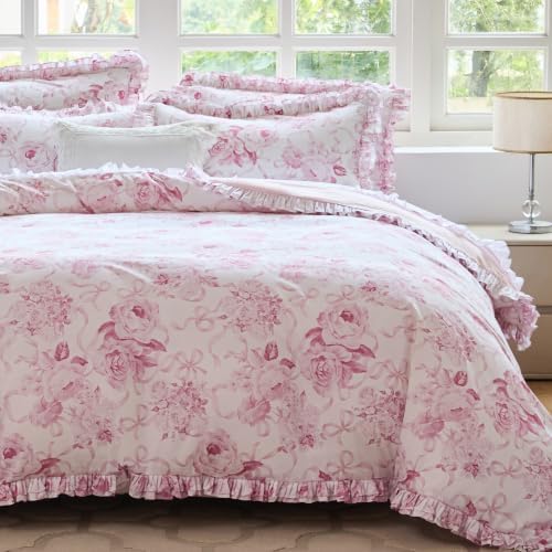 Brandream Double Ruffled Duvet Cover Set Queen, 100% Organic Cotton Pink Rose Floral Bedding, Romantic Grandmillennial Cottagecore Bedroom Decor for Women, 3 Piece