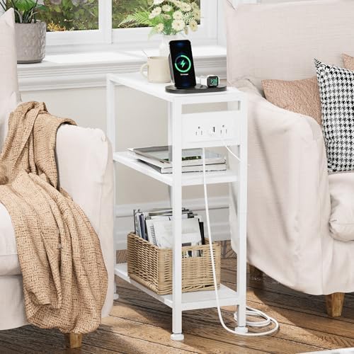 End Table with Charging Station, 3-Tier Side Table for Small Space, Skinny Nightstand with USB/Type C Port and 2 Outlets, Slim Sofa Beside Table for Living Room, Bedroom and Balcony, White
