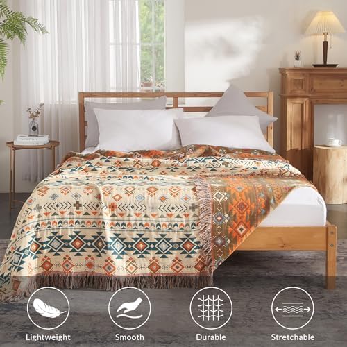 Bailix Boho Throw Blanket, 100% Cotton, Woven Geometric Pattern, 90"x98"