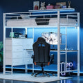 VINGLI Twin Gaming Loft Bed Frame with 7 Drawers and Desk,Metal Single High Sleeper with RGB LED Lights, 2 Built-in Power Outlets, 15” Extra-High Guardrails, Space-Saving Design,White