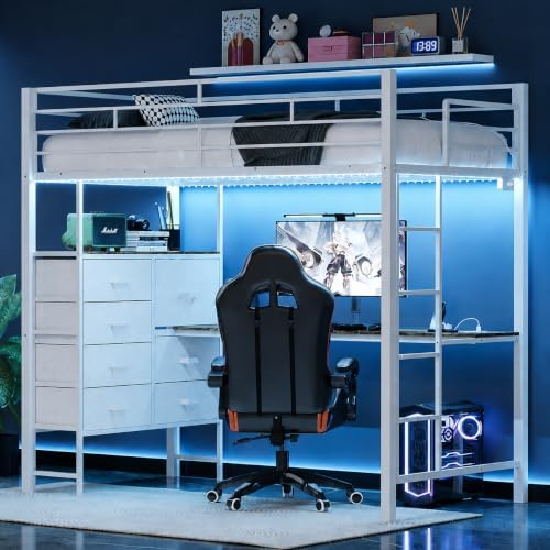 VINGLI Twin Gaming Loft Bed Frame with 7 Drawers and Desk,Metal Single High Sleeper with RGB LED Lights, 2 Built-in Power Outlets, 15” Extra-High Guardrails, Space-Saving Design,White