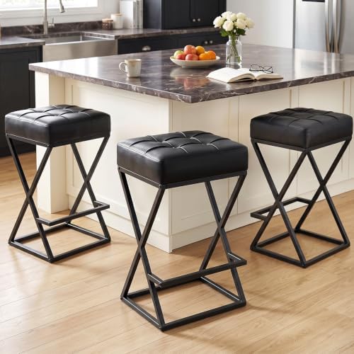 Bar Stools Set of 3, 26 Inch Counter Height Stool Faux Leather Black
