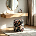 15.7" Swivel Vanity Stool, Floral Velvet Round Ottoman, Black