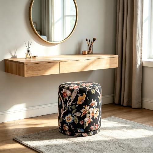 15.7" Swivel Vanity Stool, Floral Velvet Round Ottoman, Black