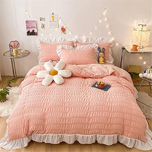 Girls Pink Ruffled Bedding-3 Pieces Queen Seersucker Duvet Cover Textured Stripe Style, Soft Lightweight, Washed Microfiber, Zipper Closure and Ties