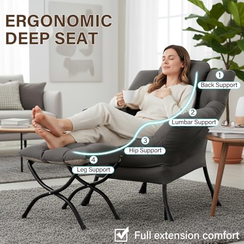 Welnow Lazy Chair with Ottoman, Reading Chair with Footrest,Dark Grey